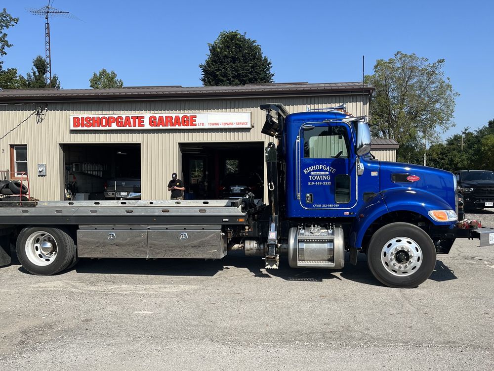 Bishopgate Garage shop with flatbed truck out front